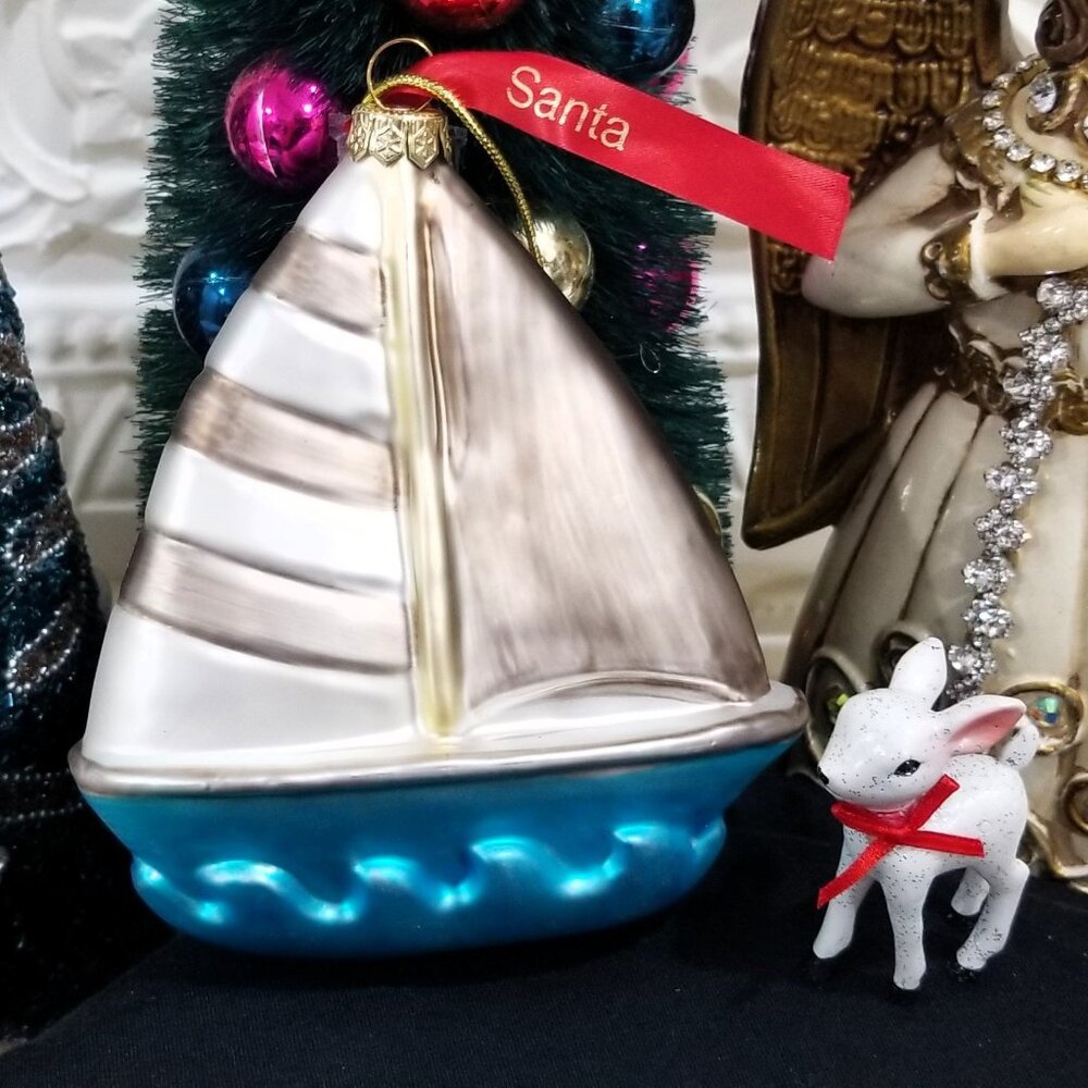 Large Blown Glass Sailboat Christmas Ornament Sailing